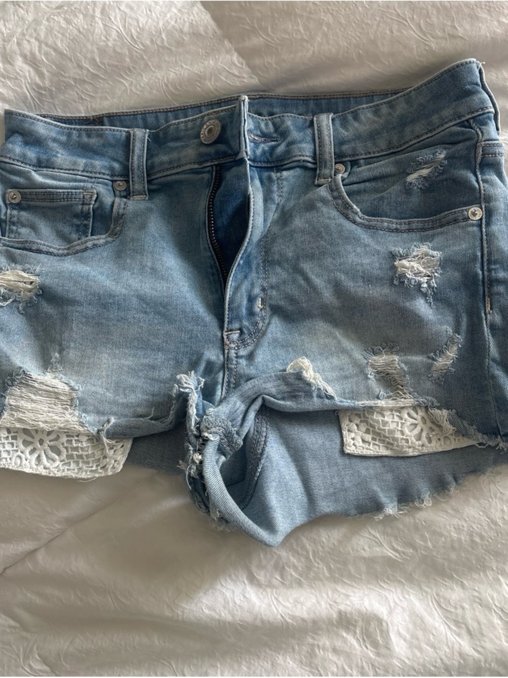 American Eagle Outfitters Light Blue Distressed Lace-Trim Denim Shorts